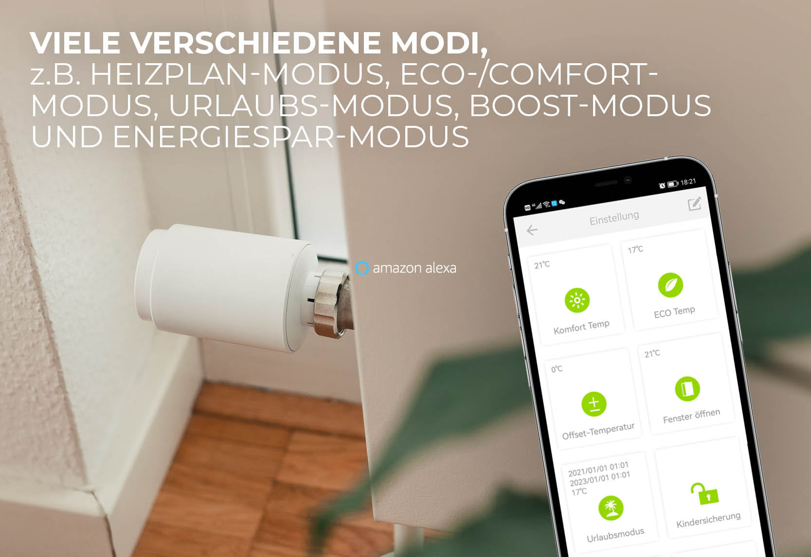 Smartes Thermostat mit vielen verschiedenen Modi: z.B. Heizplan-Modus, Urlaubs-Modus, Energiespar-Modus und mehr