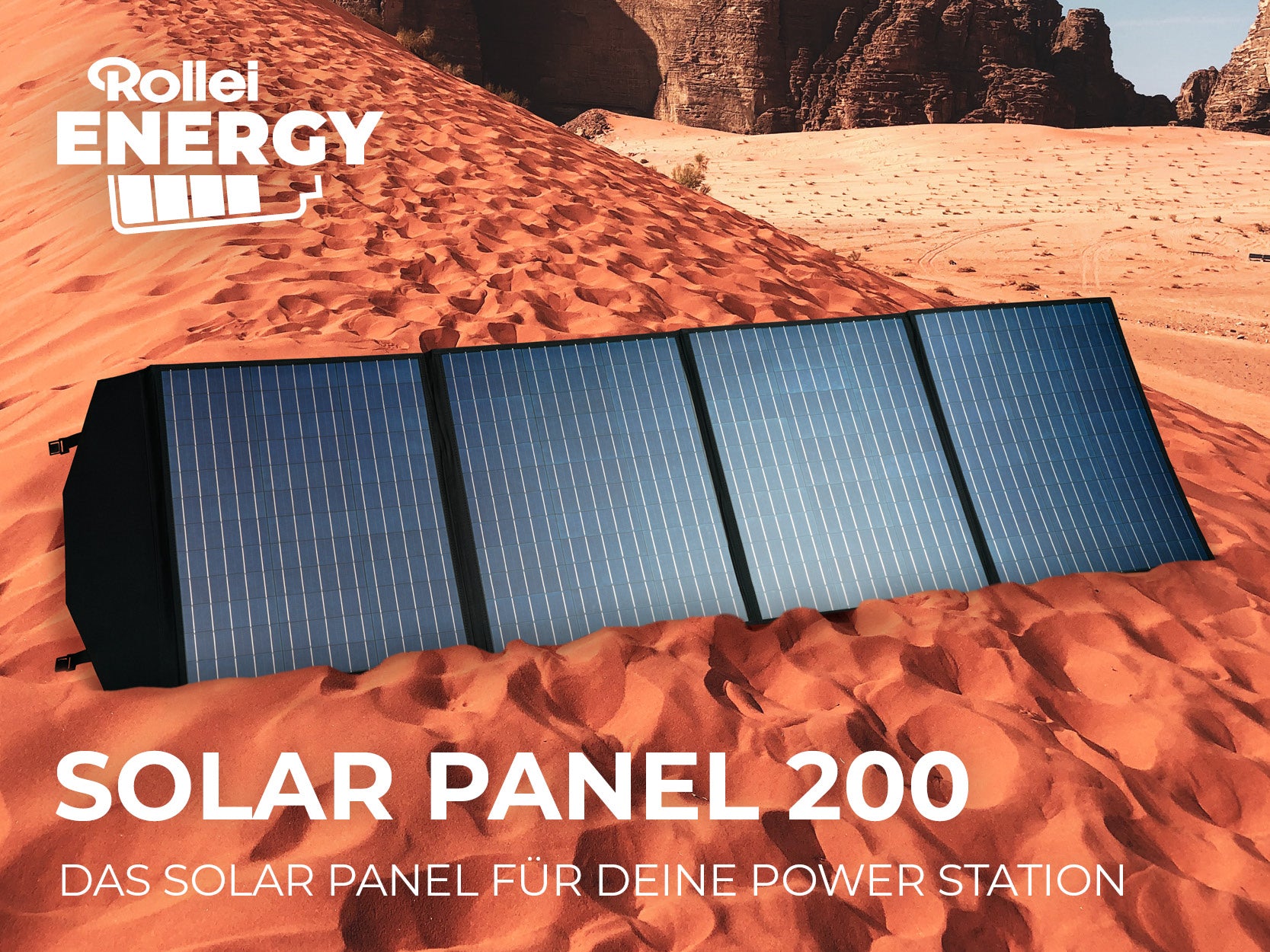 Solar Panel 200 - Für die Rollei Power Stations (Abbildung: Solar-Panel in Wüstensand-Landschaft)