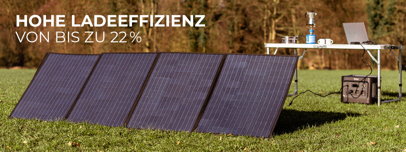 Hohe Ladeeffizienz von bis zu 22% (Abbildung: Solar Panel 200 in einer Wiese auf dem Campingplatz)