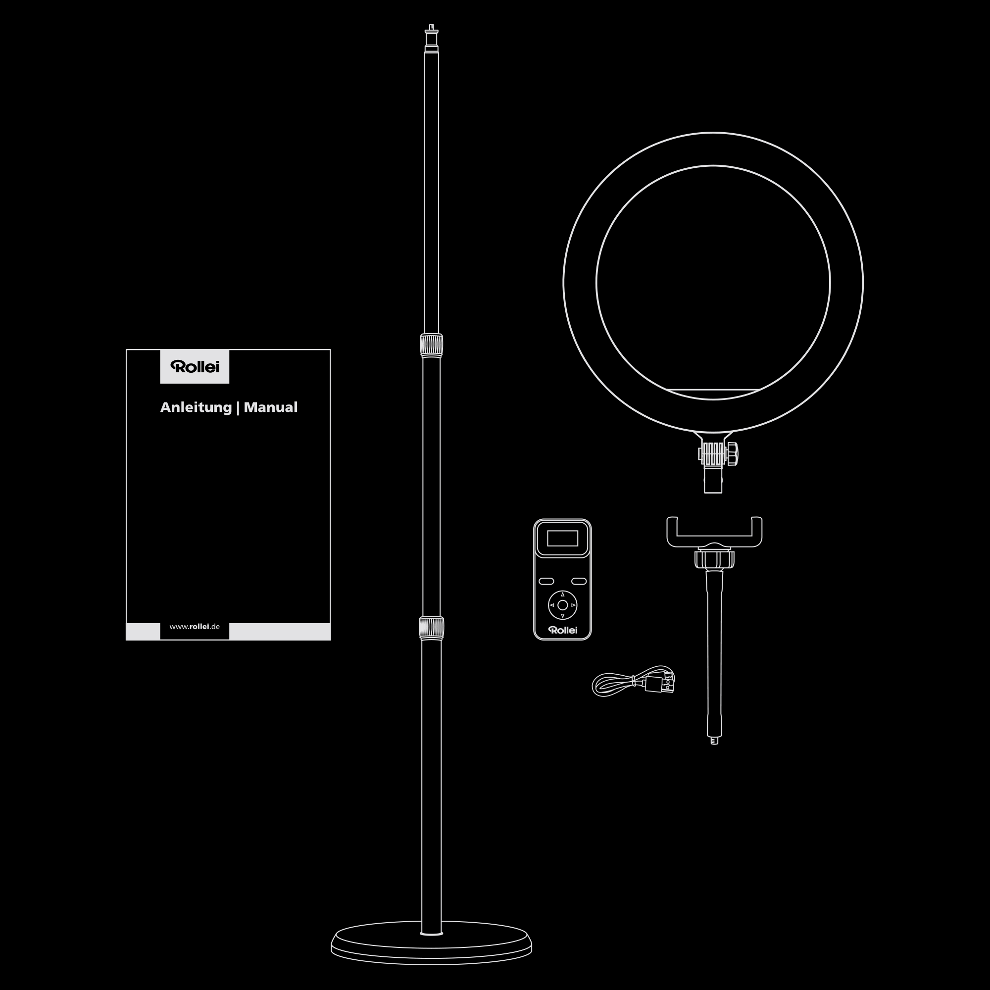 Abbildung Lieferumfang LUMIS RGB-Ringlicht von Rollei