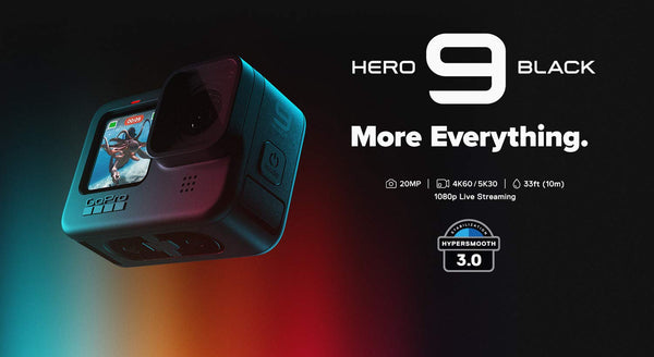 GoPro HERO9 Black Digital Action Camera {4K60/20MP} Waterproof to 33 ft. -  With Battery, Curved Adhesive Mount, Mounting Buckle, Thumb Screw, USB