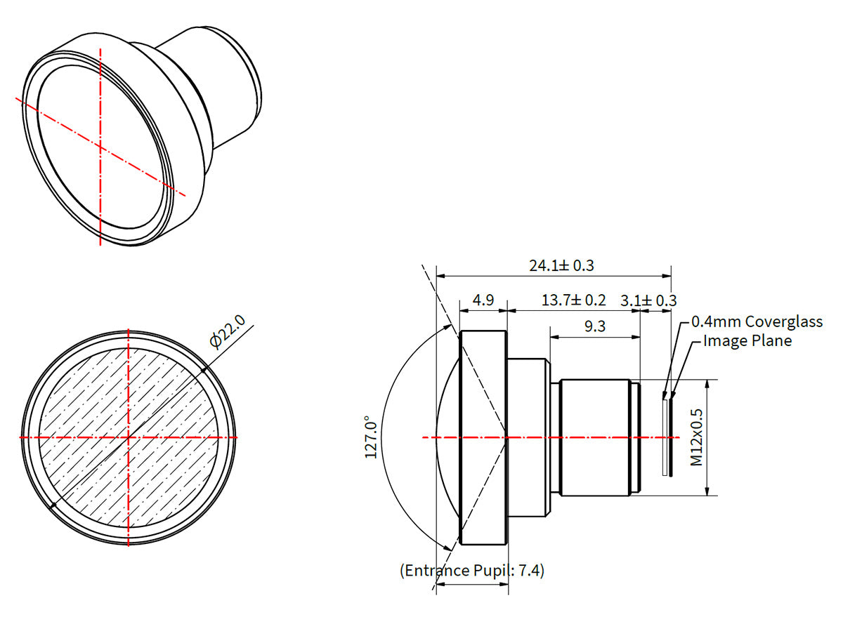 Schéma mécanique d'un objectif grand angle sans distorsion F/1.8