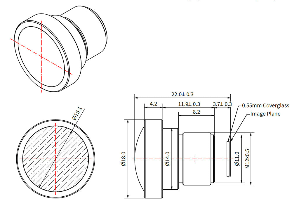 Mechanical drawing for a 2.8mm M12 Lens with Low Distortion