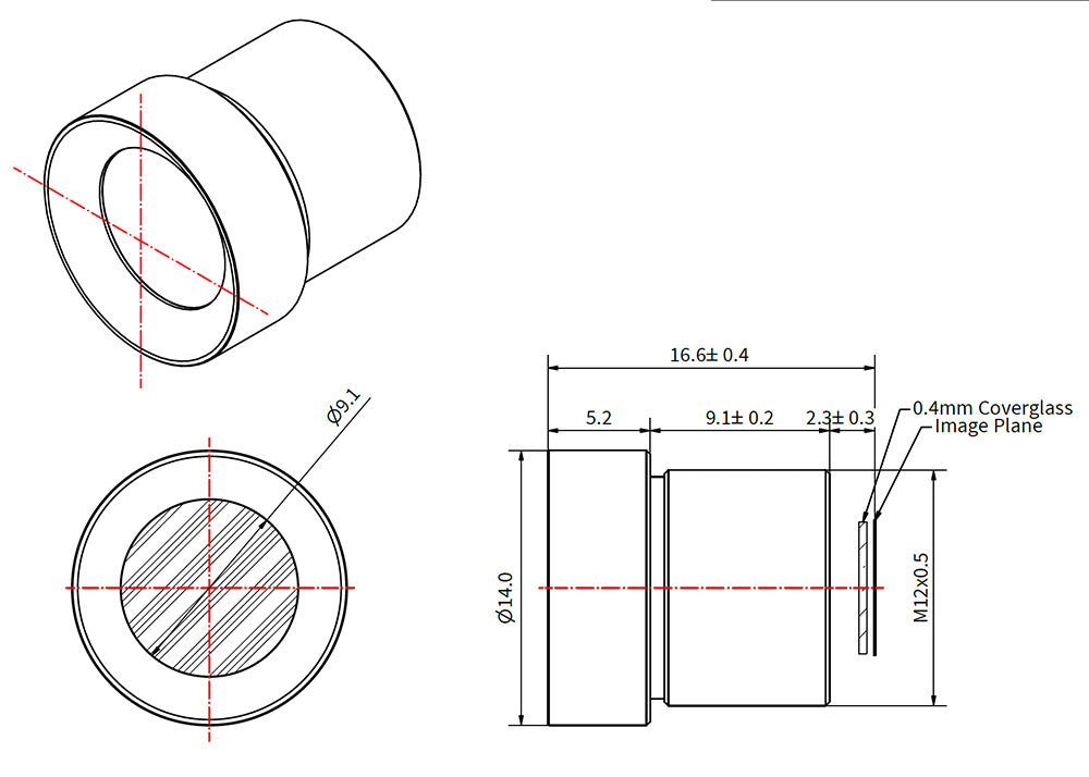 3.6mm M12 Lens Mechanical Diagram for a Wide Angle No Distortion M12 Lens with 3.6mm Focal Length