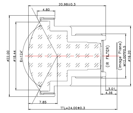 CIL023-F1.8-M12IR Mechanical Drawing The Mechanical Diagram for a Wide Angle No Distortion F/1.8 Lens