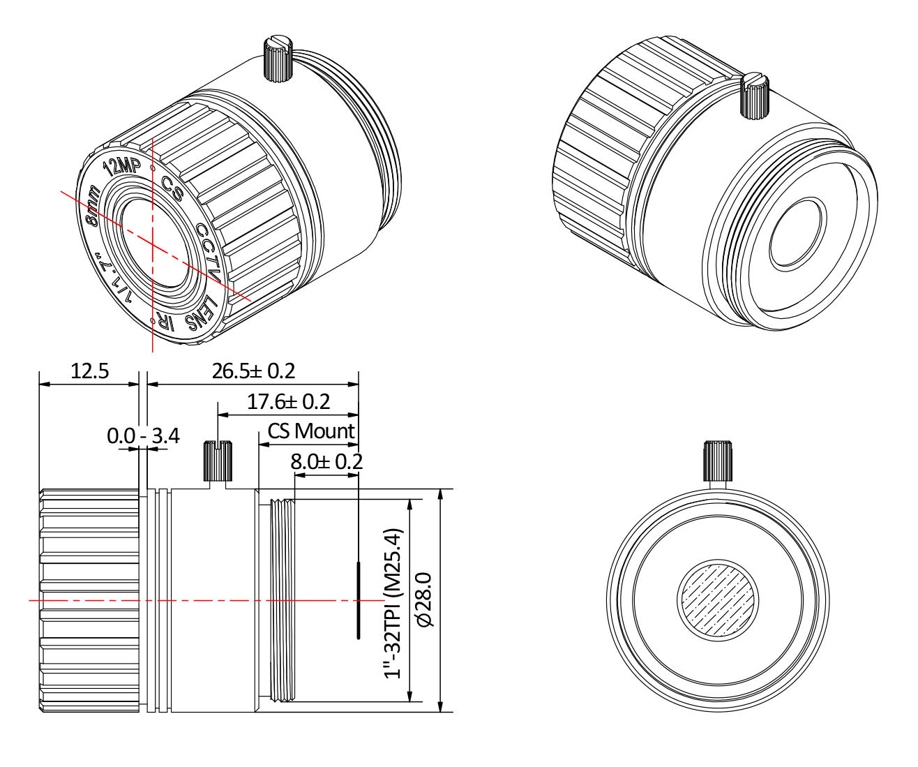 Ein 8-mm-CS-Mount-Objektiv für Überwachungskameras.