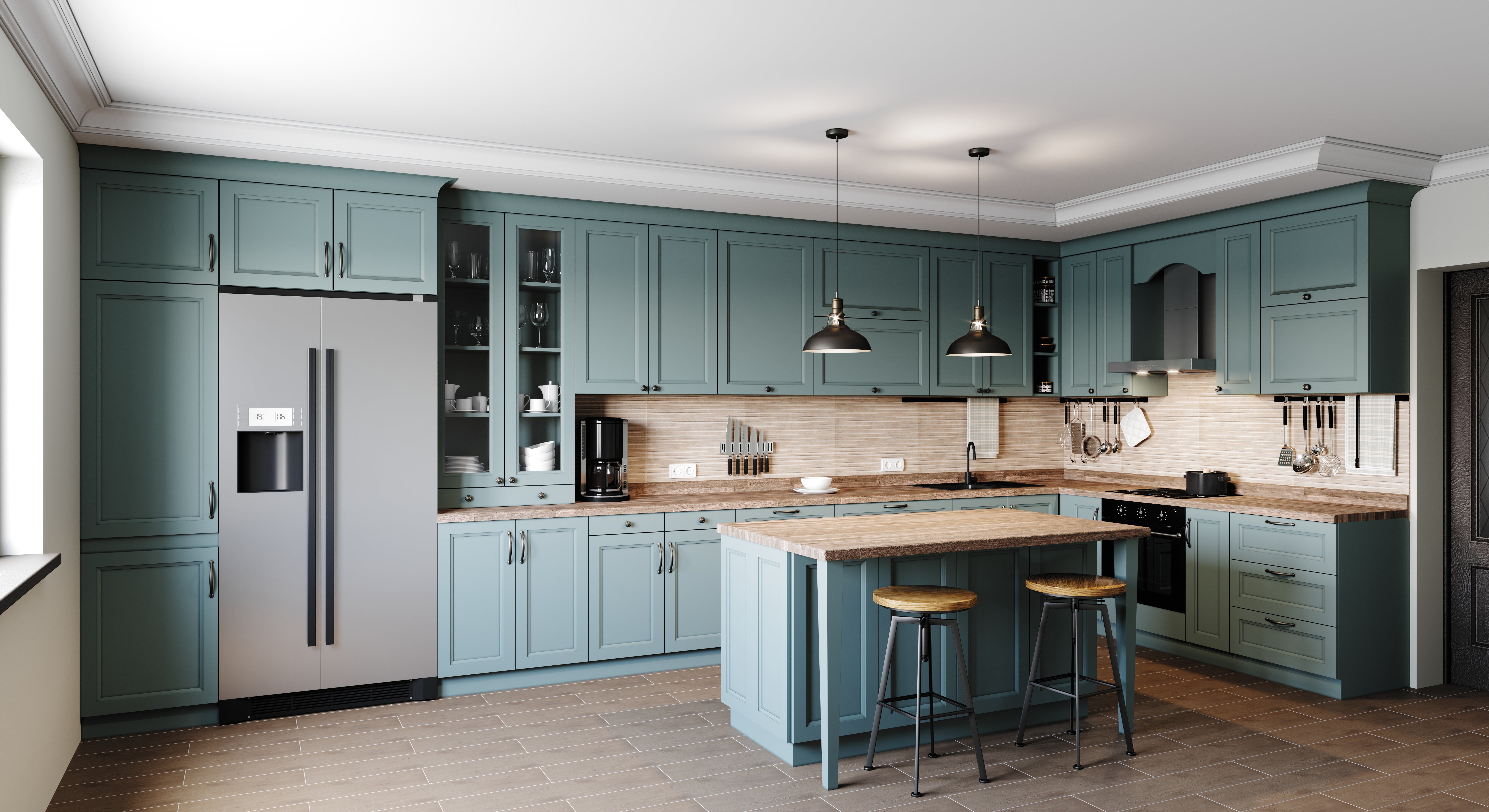 Green Cabinets with wood counter tops in a Kitchen with the Express Line