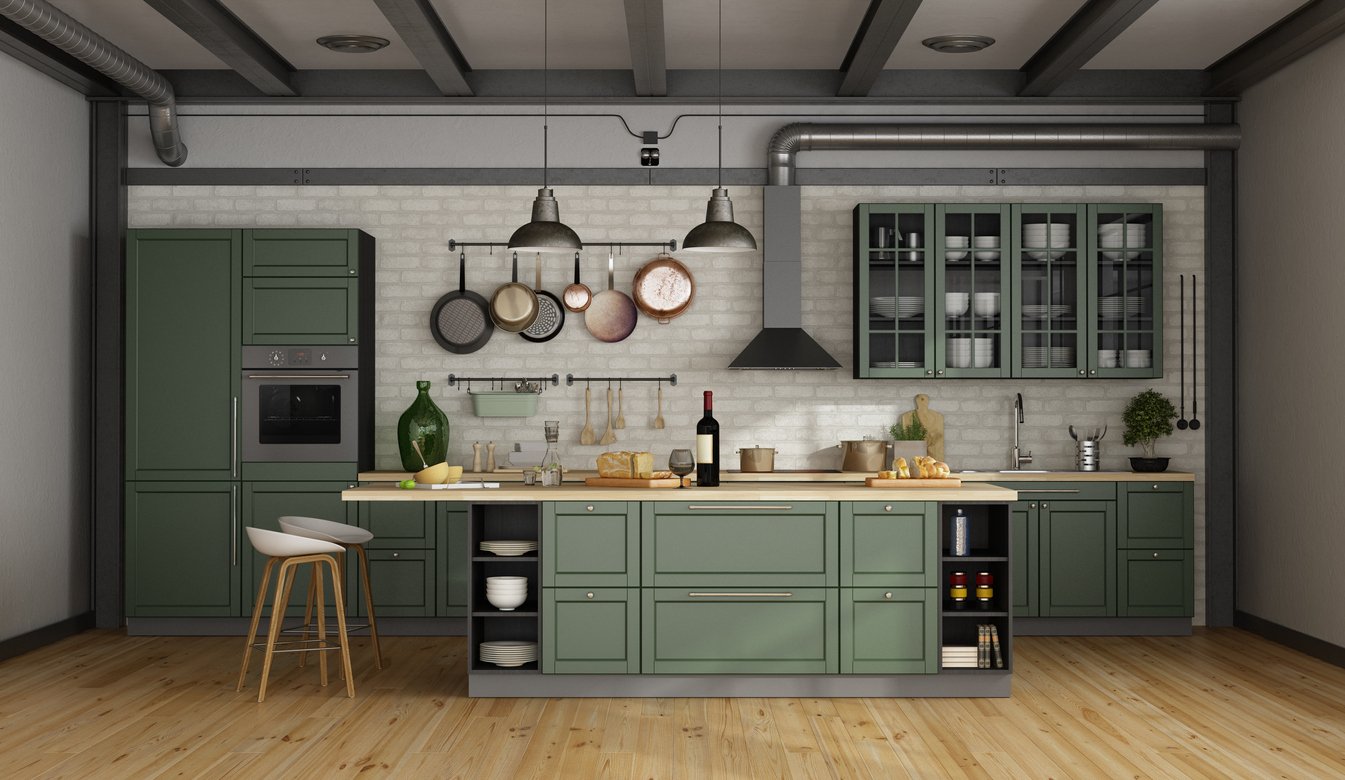 Green Shaker Kitchen with huge Island in the Artisan Line