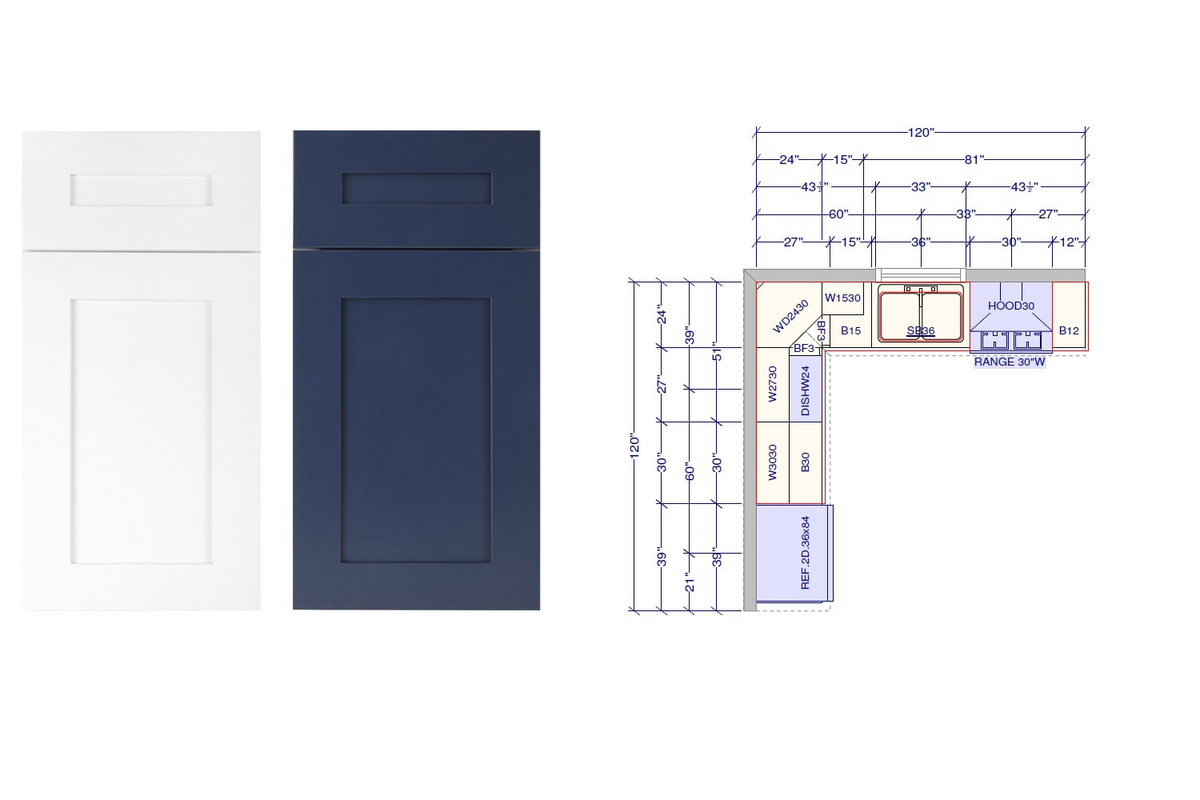 White and Navy Shaker Door Styles with a Layout of a L shaped Kitchen