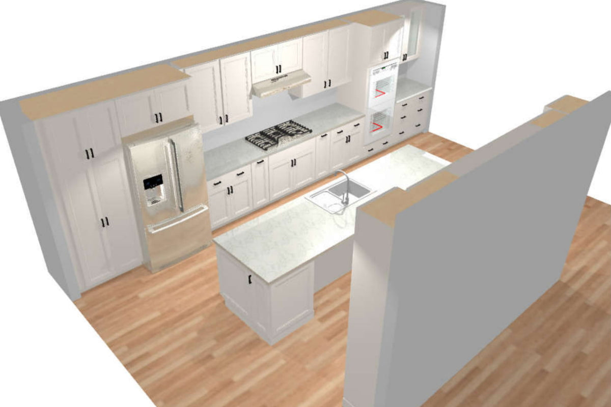 3d Rendering of a White Shaker Galley Kitchen with a large island with a sink in the middle