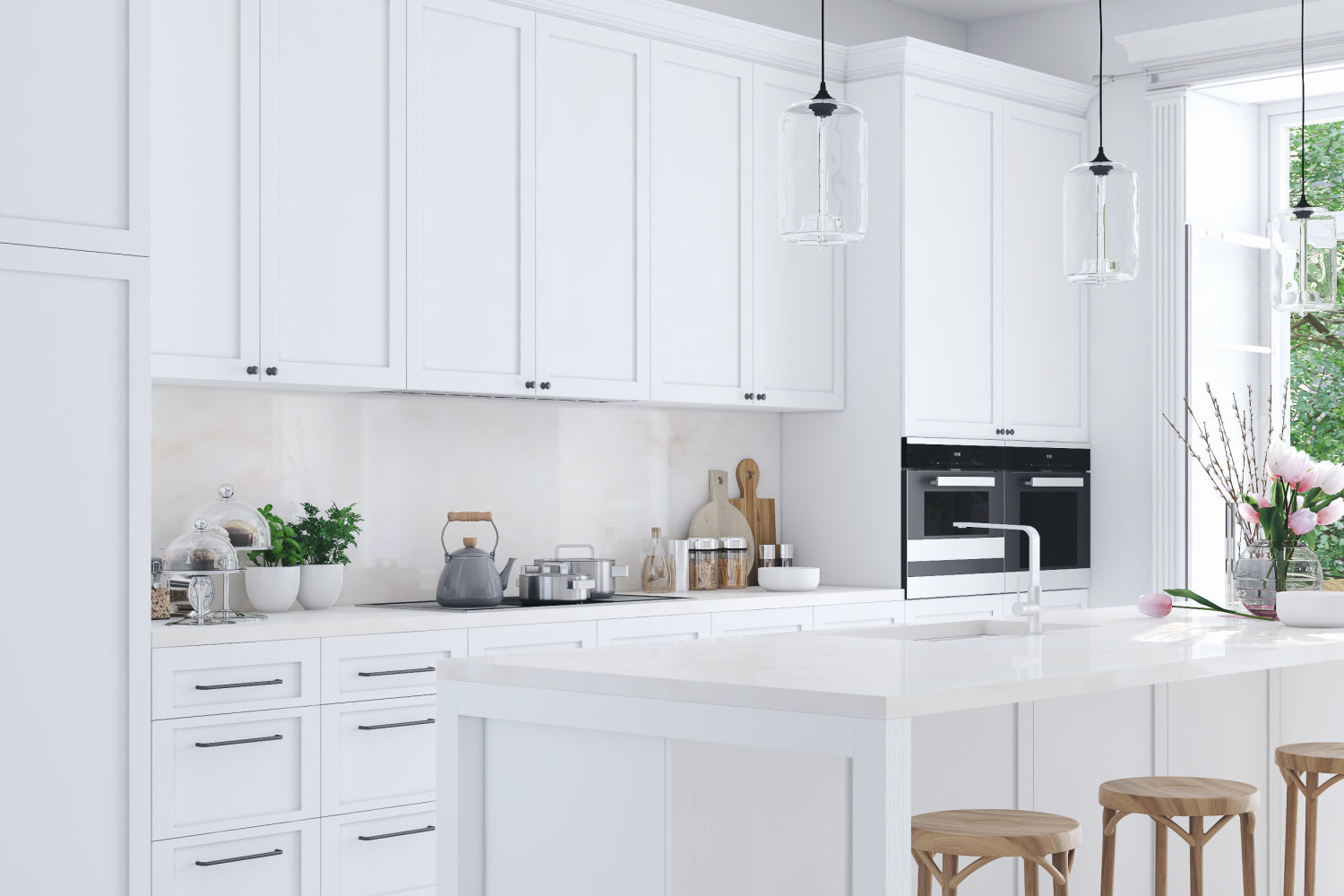 Gray Cabinets in a Kitchen with the Express Line with marble counters