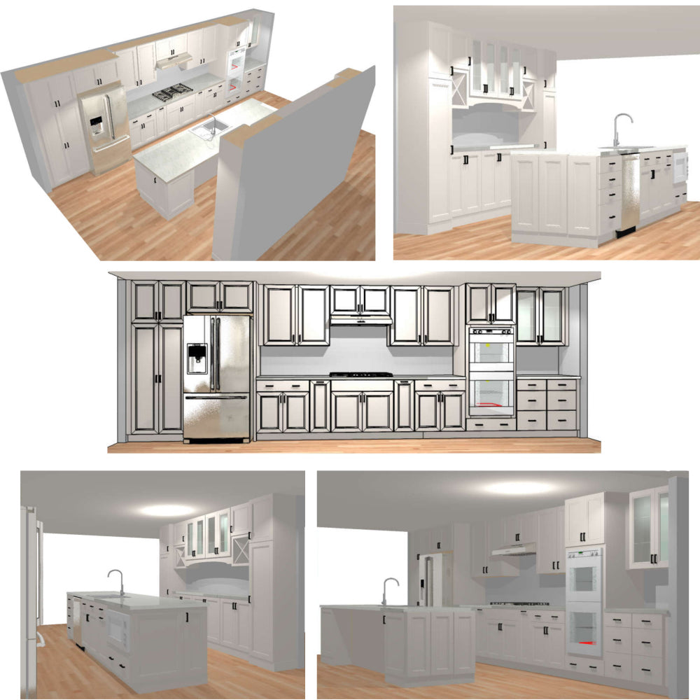 Summary of 5 different 3D rendering of a White Shaker Galley Kitchen
