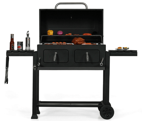 Premium Large Double Door Outdoor Charcoal BBQ Smoker Grill W/ Side Tables  Hooks, 65 