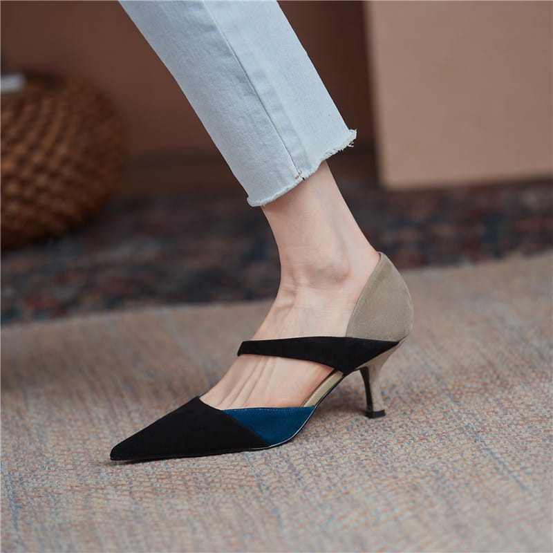 Mixed Colors Shoes Woman Suede Leather Pointed Toe High Heels Pumps