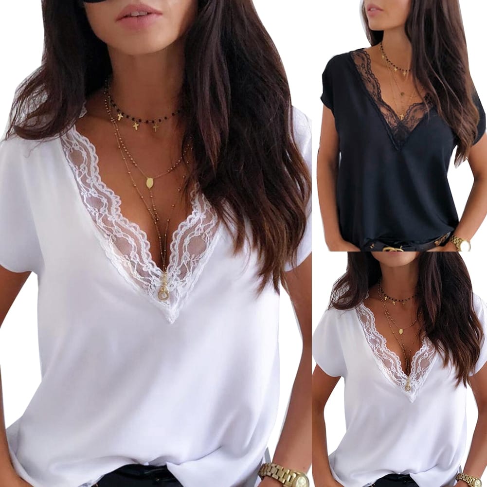 Casual T-Shirt Sexy Low Cut Lace Tops for Women