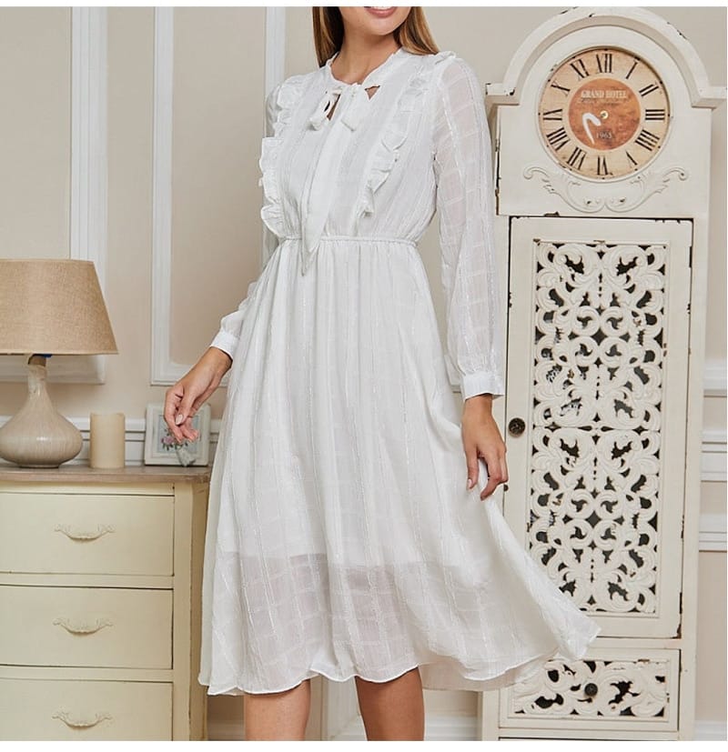 Elegant Bow Tie Neck Long Sleeve A-line Women Dress