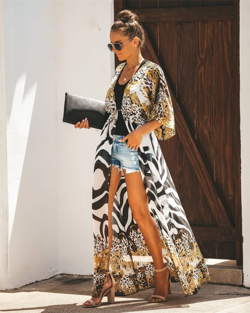 Print Chiffon Beach Cover Up Tunics For Beach