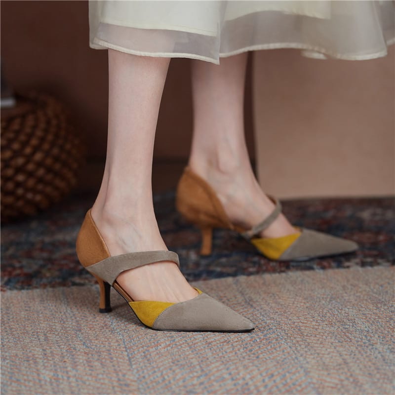 Mixed Colors Shoes Woman Suede Leather Pointed Toe High Heels Pumps