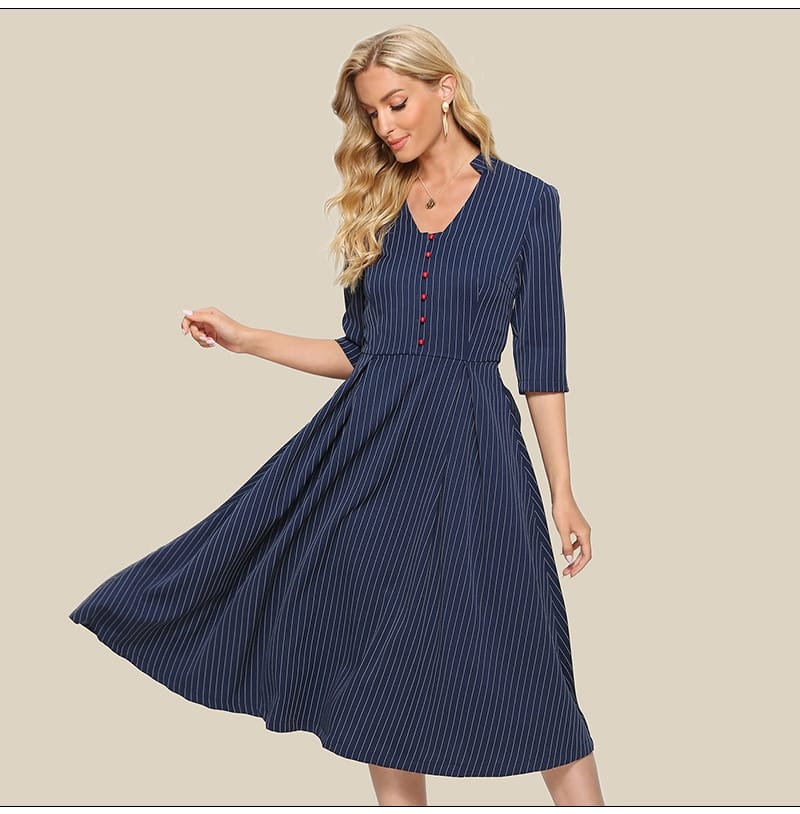 Striped A Line Dress Summer Office Lady Elegant 3/4 Sleeve Mid, V Neck Button Casual Dress