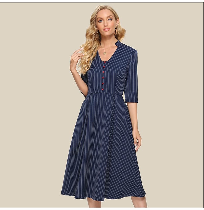 Striped A Line Dress Summer Office Lady Elegant 3/4 Sleeve Mid, V Neck Button Casual Dress