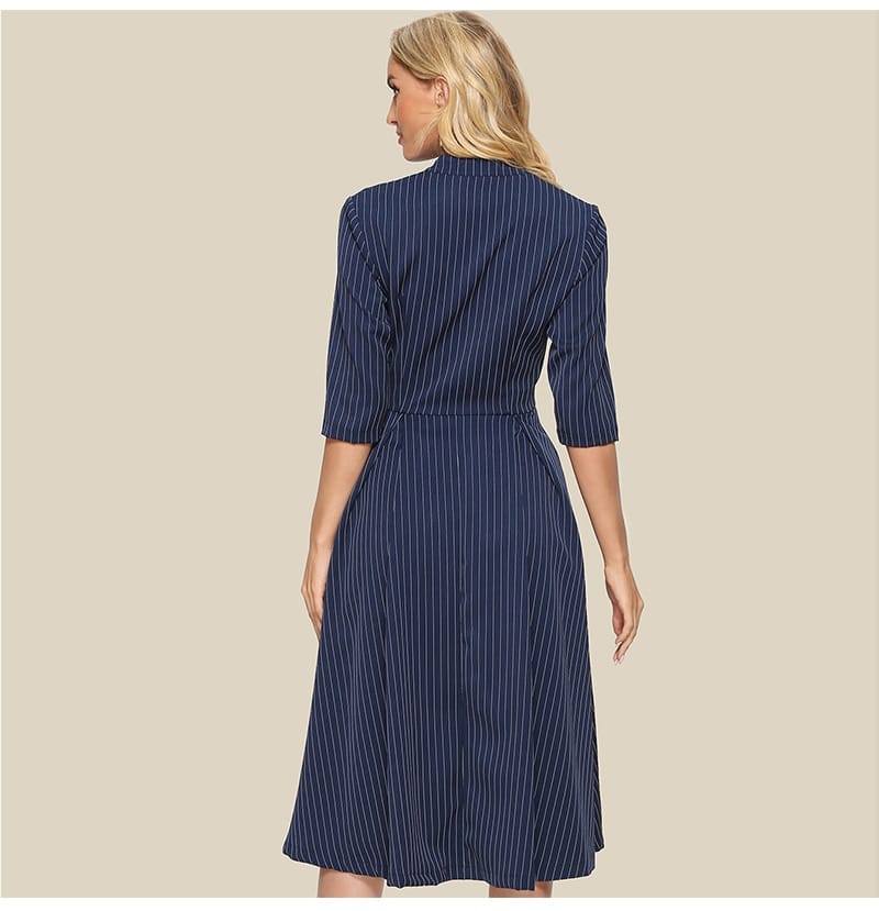 Striped A Line Dress Summer Office Lady Elegant 3/4 Sleeve Mid, V Neck Button Casual Dress