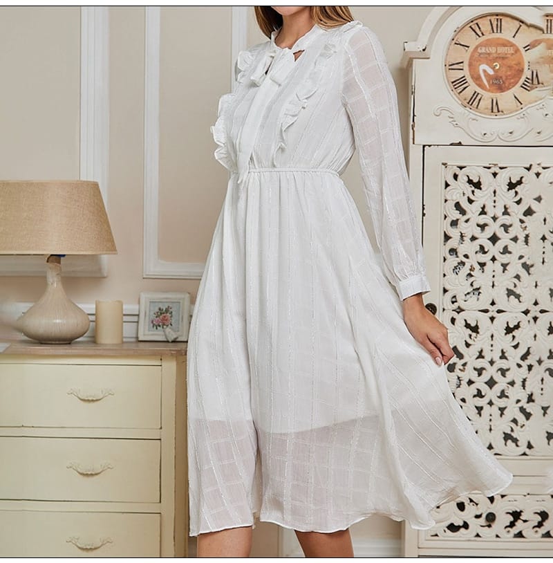 Elegant Bow Tie Neck Long Sleeve A-line Women Dress