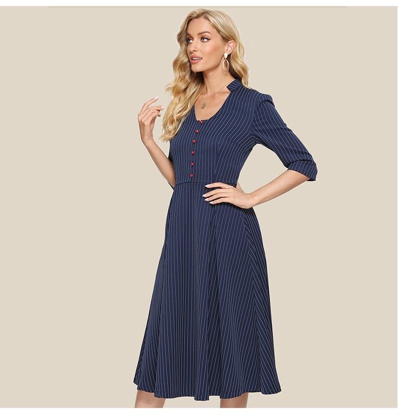 Striped A Line Dress Summer Office Lady Elegant 3/4 Sleeve Mid, V Neck Button Casual Dress