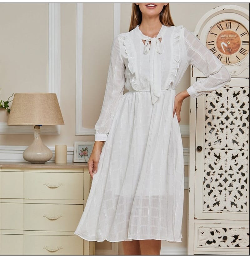 Elegant Bow Tie Neck Long Sleeve A-line Women Dress