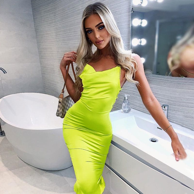 😍 Hot Sale 60 % off Now | Neon satin lace up women bodycon long midi dress sleeveless backless elegant outfits