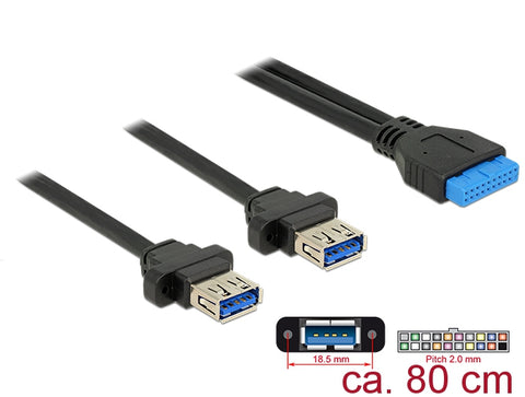Cable USB 3.0 pin header female 2.00 mm 19 pin > 2 x USB 3.0 Type-A female panel-mount 80 cm
