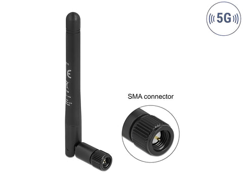 5G 3.3 - 5.0 GHz Antenna SMA plug -1.0 - 4.5 dBi 10.9 cm omnidirectional with tilt joint and flexible material black - delock.israel