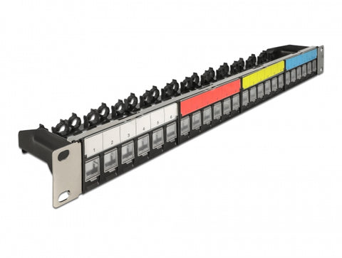 19″ Keystone Patch Panel 24 port with cable fixing rail, labelling field and dust protection 1U black - delock.israel