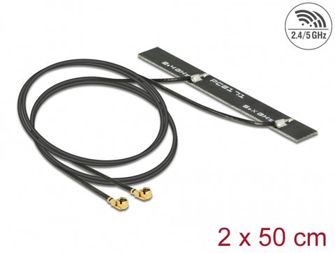 Dual Band WLAN WiFi 6E Twin Antenna 2 x MHF® I plug 5 dBi 2 x 50 cm PCB internal self adhesive - delock.israel