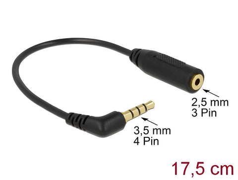 Audio Cable Stereo jack 3.5 mm 4 pin male angled > Stereo jack 2.5 mm 3 pin female - delock.israel