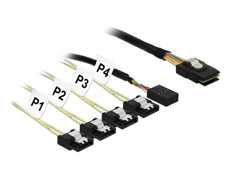 Cable Mini SAS SFF-8087 > 4 x SATA 7 pin Reverse + Sideband - delock.israel
