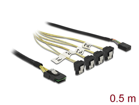 Cable Mini SAS SFF-8087 > 4 x SATA 7 Pin angled + Sideband - delock.israel