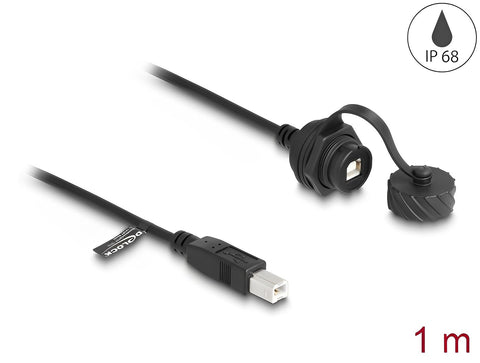 Cable USB 2.0 Type-B male to USB 2.0 Type-B female for installation with bayonet protective cap IP68 dust and waterproof 1 m black - delock.israel