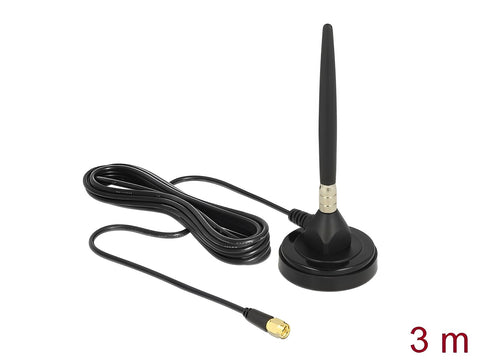GSM Antenna SMA plug screw mounting 3 dBi fixed omnidirectional with magnetic base and connection cable RG-174 3 m outdoor black - delock.israel