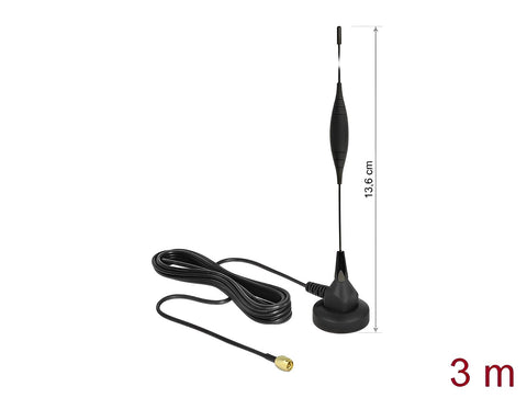 GSM Antenna SMA plug 5 dBi fixed omnidirectional with magnetic base and connection cable RG-174 3 m outdoor black - delock.israel