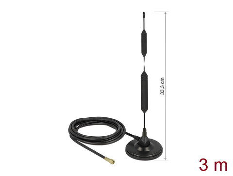 GSM Antenna quadband SMA plug 5 dBi fixed omnidirectional with magnetic base and connection cable RG-58 3 m outdoor black - delock.israel