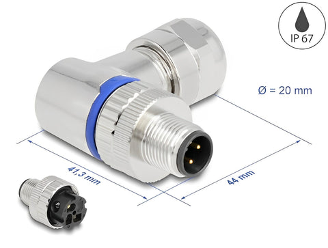 M12 Connector A-coded 3 pin male for mounting with screw connection 90° angled metal - delock.israel
