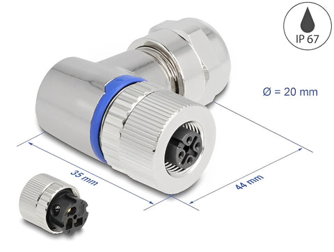 M12 Connector A-coded 3 pin female for mounting with screw connection 90° angled metal - delock.israel