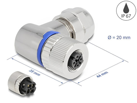 M12 Connector A-coded 4 pin female for mounting with screw connection 90° angled metal - delock.israel