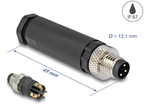 M8 Connector A-coded 3 pin male for mounting with screw connection - delock.israel