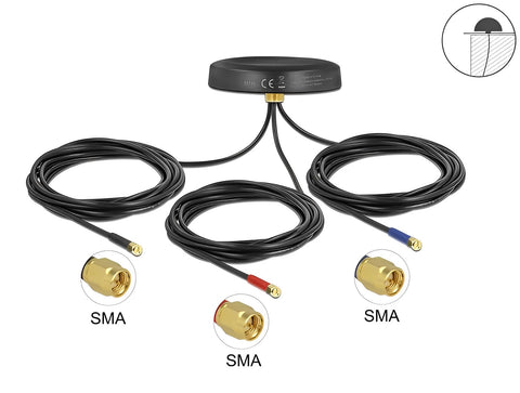 Multiband LTE UMTS GSM GNSS Antenna 3 x SMA plug omnidirectional roof mount black outdoor - delock.israel