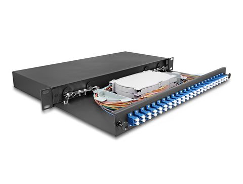19″ Optical Fiber Splice Box 24 x LC Duplex OS2 1U complete assembled ready for splicing