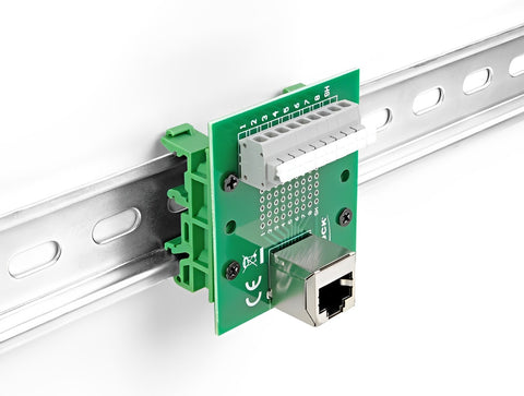 RJ45 female to Terminal Block with push-button for DIN rail angled - delock.israel