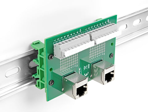 RJ45 2 x female to 2 x Terminal Block with push-button for DIN rail angled - delock.israel
