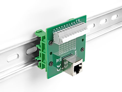 RJ50 female to Terminal Block with push-button for DIN rail angled - delock.israel