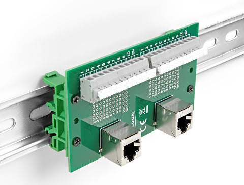 RJ50 2 x female to 2 x Terminal Block with push-button for DIN rail angled - delock.israel